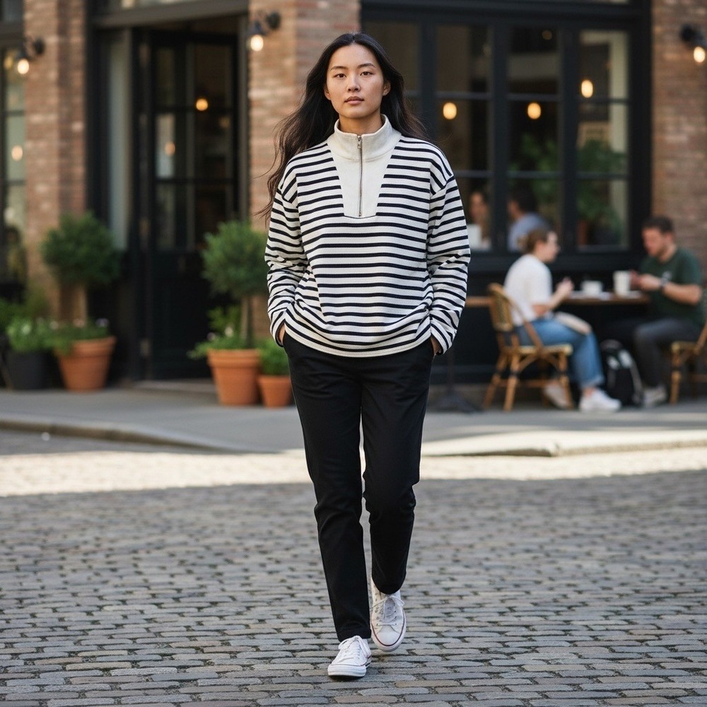 Zara Striped Quarter Zip Sweatshirt L Cream Black Nautical Parisian Transitional